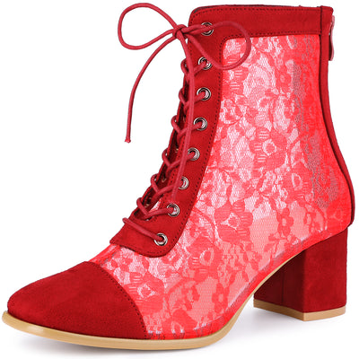 Square Toe Lace-Up Flowers Lace Block Heels Ankle Boots for Women