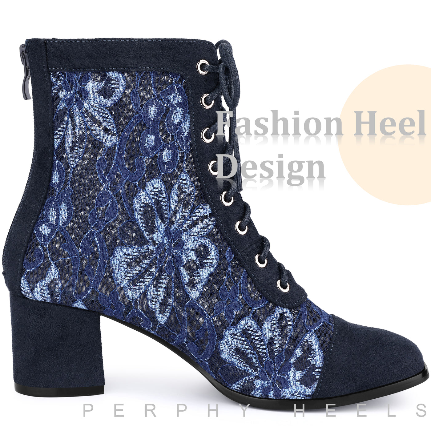 Bublédon Square Toe Lace-Up Flowers Lace Block Heels Ankle Boots for Women