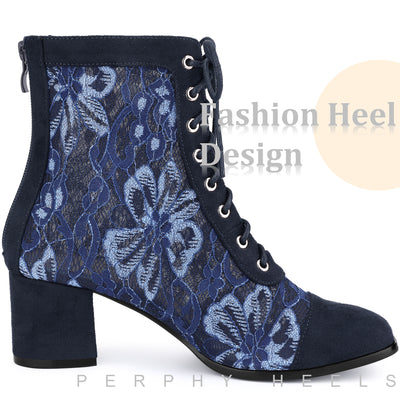 Square Toe Lace-Up Flowers Lace Block Heels Ankle Boots for Women