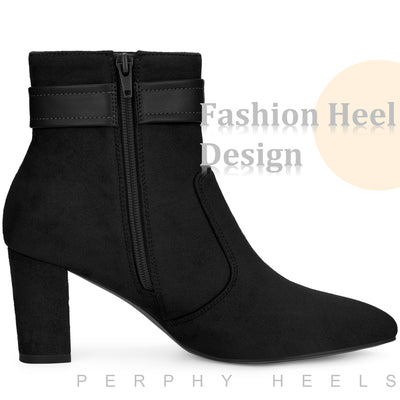 Buckle Strap Pointed Toe Chunky Heel Ankle Boots for Women