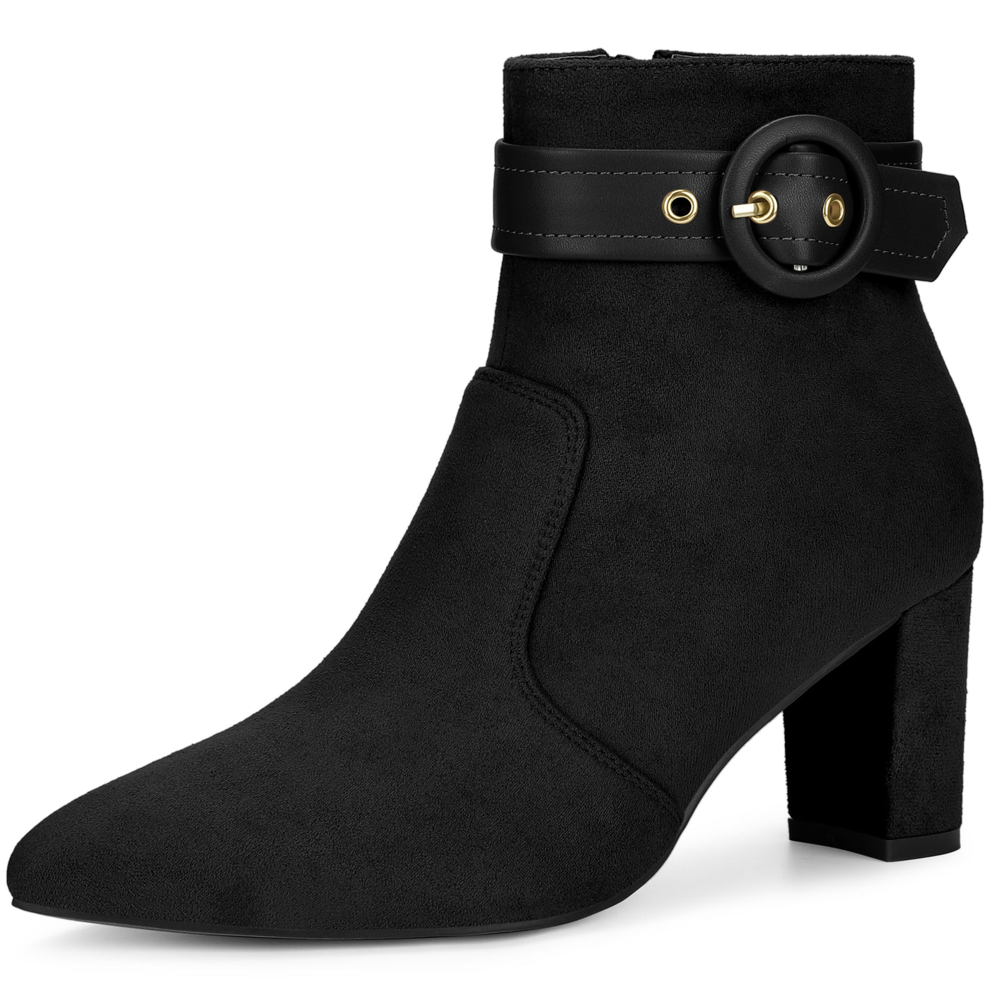 Bublédon Buckle Strap Pointed Toe Chunky Heel Ankle Boots for Women