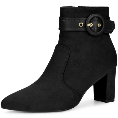 Buckle Strap Pointed Toe Chunky Heel Ankle Boots for Women