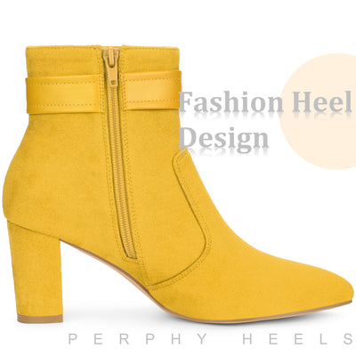 Buckle Strap Pointed Toe Chunky Heel Ankle Boots for Women