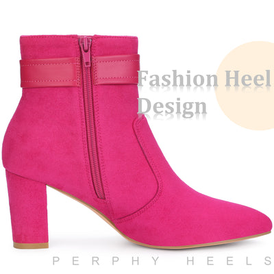 Buckle Strap Pointed Toe Chunky Heel Ankle Boots for Women