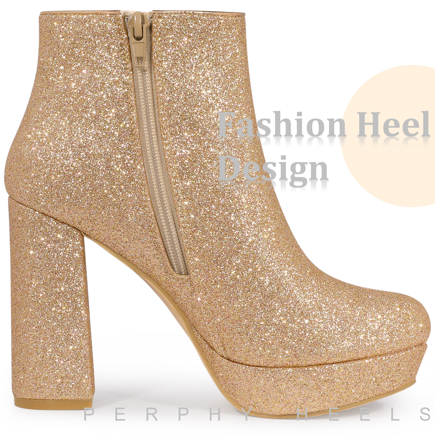 Bublédon Platform Glitter Round Toe Chunky Heels Ankle Boots for Women