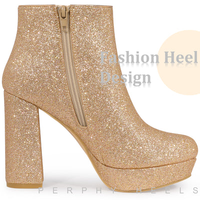 Platform Glitter Round Toe Chunky Heels Ankle Boots for Women