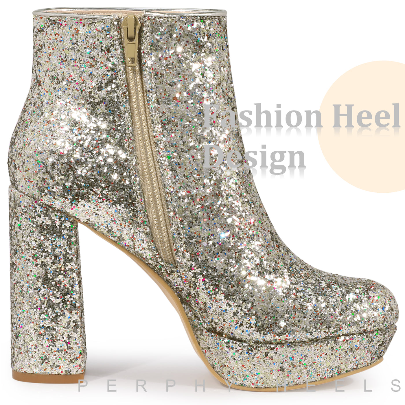 Bublédon Platform Glitter Round Toe Chunky Heels Ankle Boots for Women