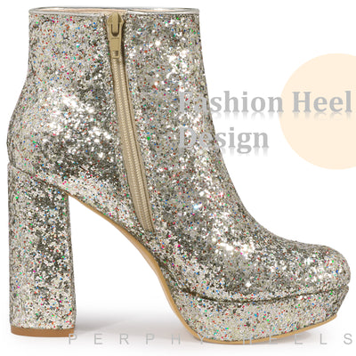 Platform Glitter Round Toe Chunky Heels Ankle Boots for Women