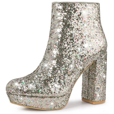 Platform Glitter Round Toe Chunky Heels Ankle Boots for Women