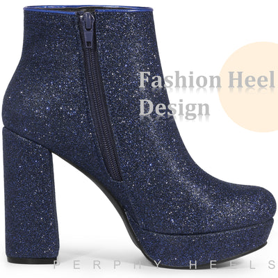 Platform Glitter Round Toe Chunky Heels Ankle Boots for Women