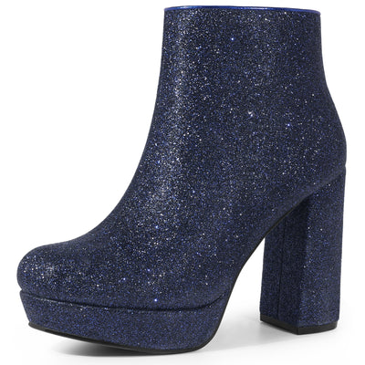 Platform Glitter Round Toe Chunky Heels Ankle Boots for Women