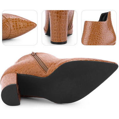 Pointed Toe Stone Pattern Cutout Chunky Heels Ankle Booties for Women