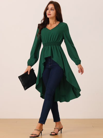 Women's High Low Long Sleeve V Neck Elastic Waist Asymmetrical Irregular Hem Casual Tops Blouse