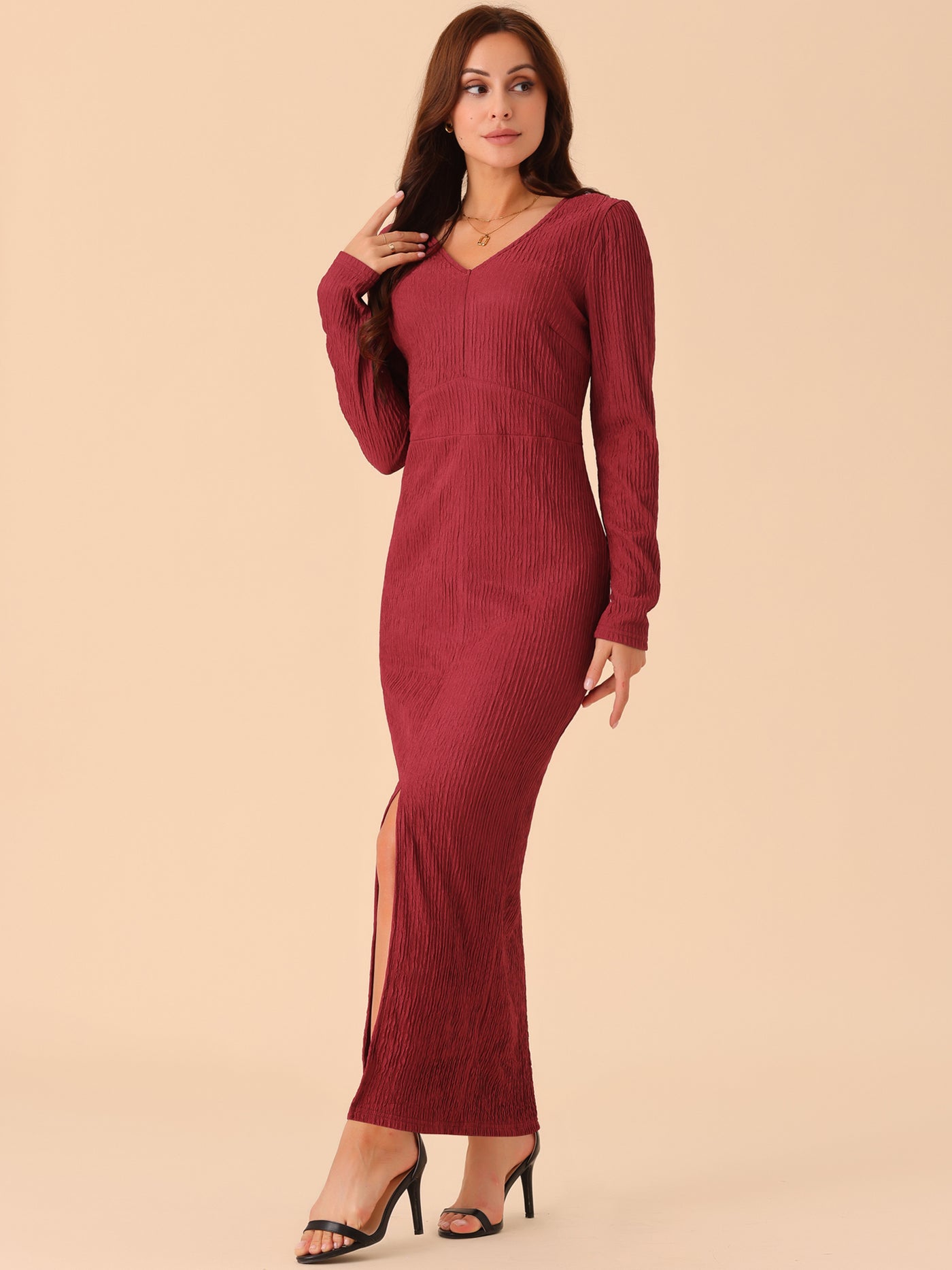 Bublédon Women's Elegant Long Sleeve Round Neck Slit Hem Fall Knit Maxi Cocktail Party Dress