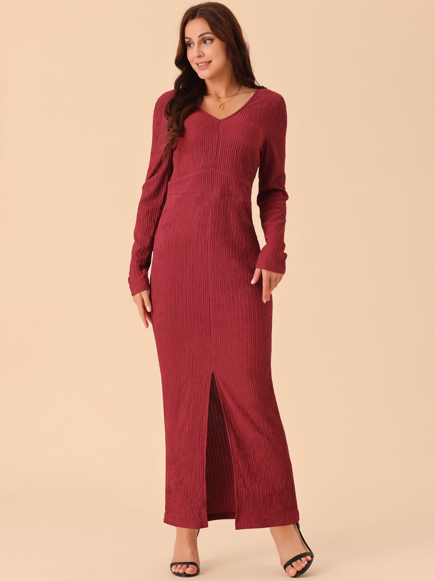 Bublédon Women's Elegant Long Sleeve Round Neck Slit Hem Fall Knit Maxi Cocktail Party Dress