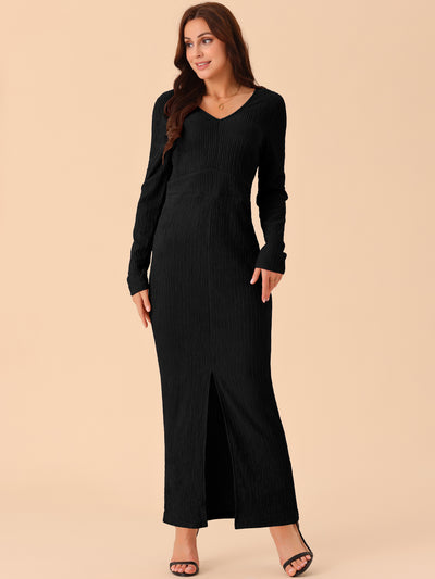 Women's Elegant Long Sleeve Round Neck Slit Hem Fall Knit Maxi Cocktail Party Dress