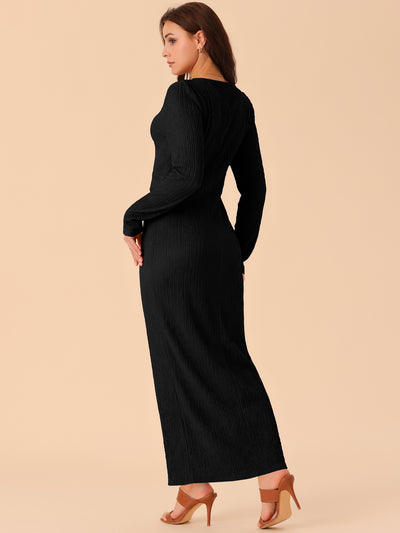 Women's Elegant Long Sleeve Round Neck Slit Hem Fall Knit Maxi Cocktail Party Dress