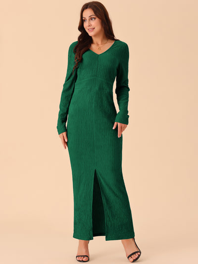 Women's Elegant Long Sleeve Round Neck Slit Hem Fall Knit Maxi Cocktail Party Dress