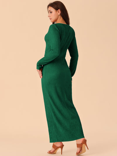 Women's Elegant Long Sleeve Round Neck Slit Hem Fall Knit Maxi Cocktail Party Dress