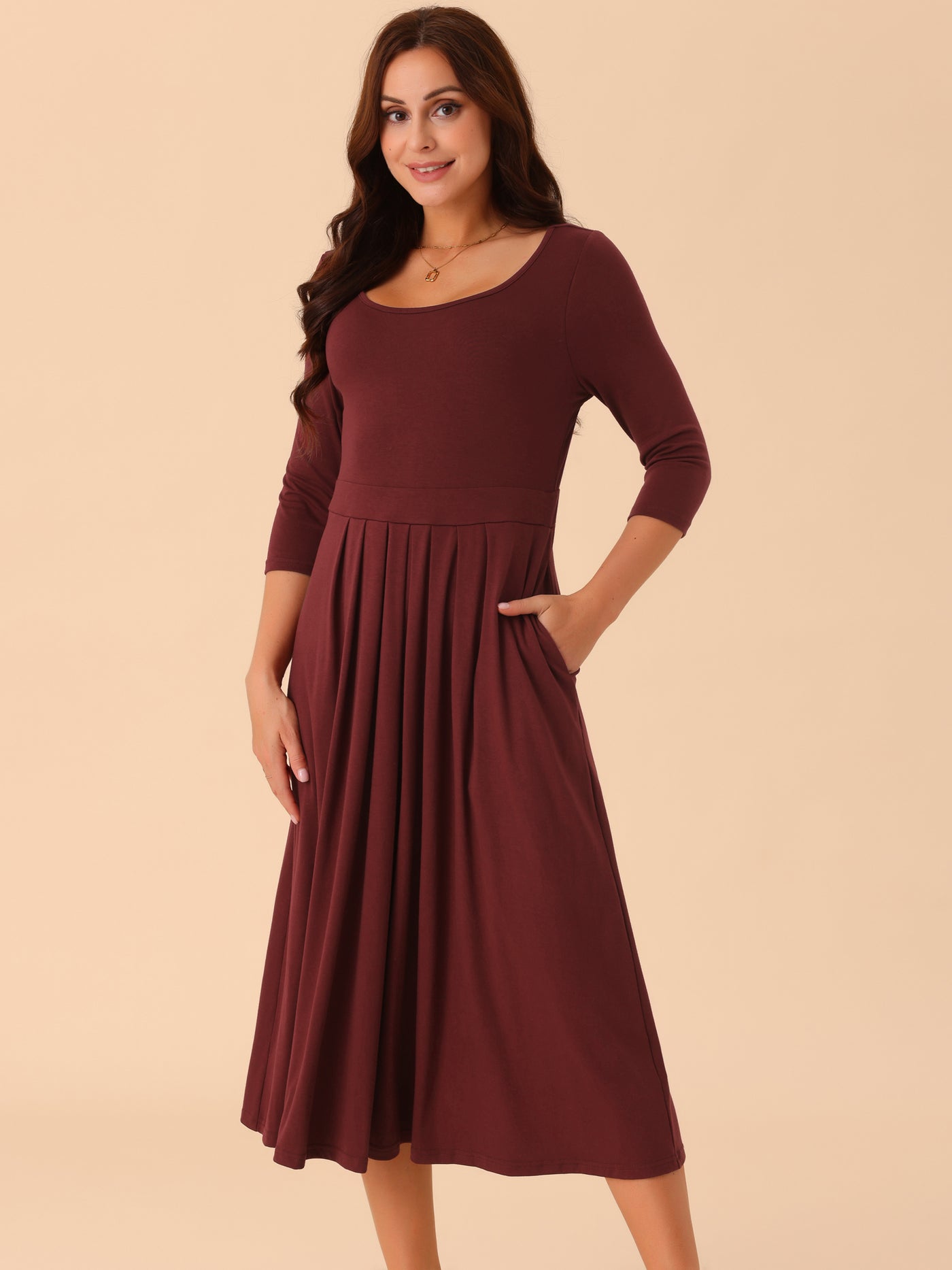 Bublédon Women's 3/4 Sleeve Crewneck Pleated a Line Dresses Swing Casual Maxi Dress with Pockets