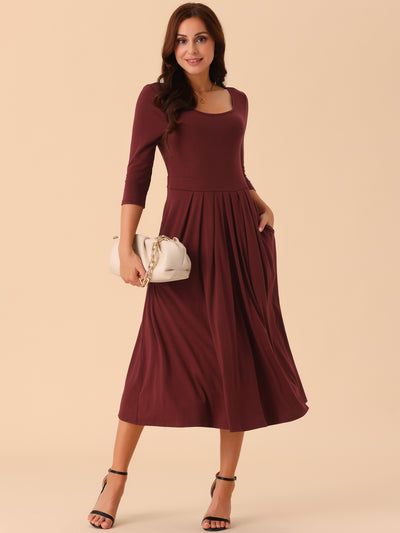 Women's 3/4 Sleeve Crewneck Pleated a Line Dresses Swing Casual Maxi Dress with Pockets