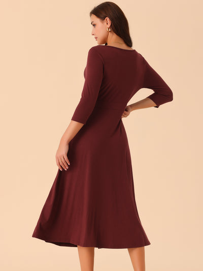 Women's 3/4 Sleeve Crewneck Pleated a Line Dresses Swing Casual Maxi Dress with Pockets