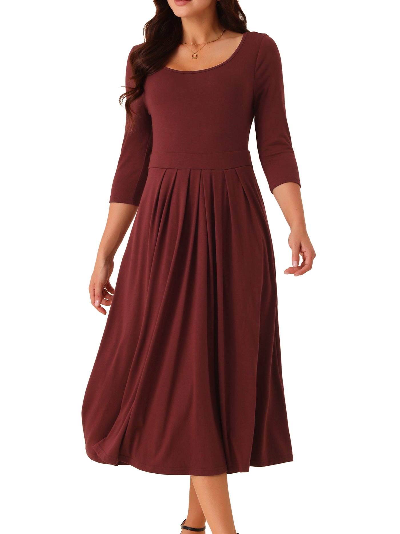 Bublédon Women's 3/4 Sleeve Crewneck Pleated a Line Dresses Swing Casual Maxi Dress with Pockets