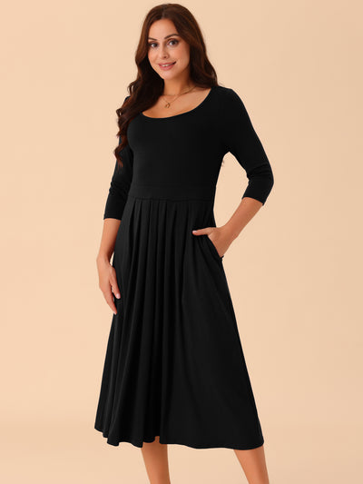 Women's 3/4 Sleeve Crewneck Pleated a Line Dresses Swing Casual Maxi Dress with Pockets