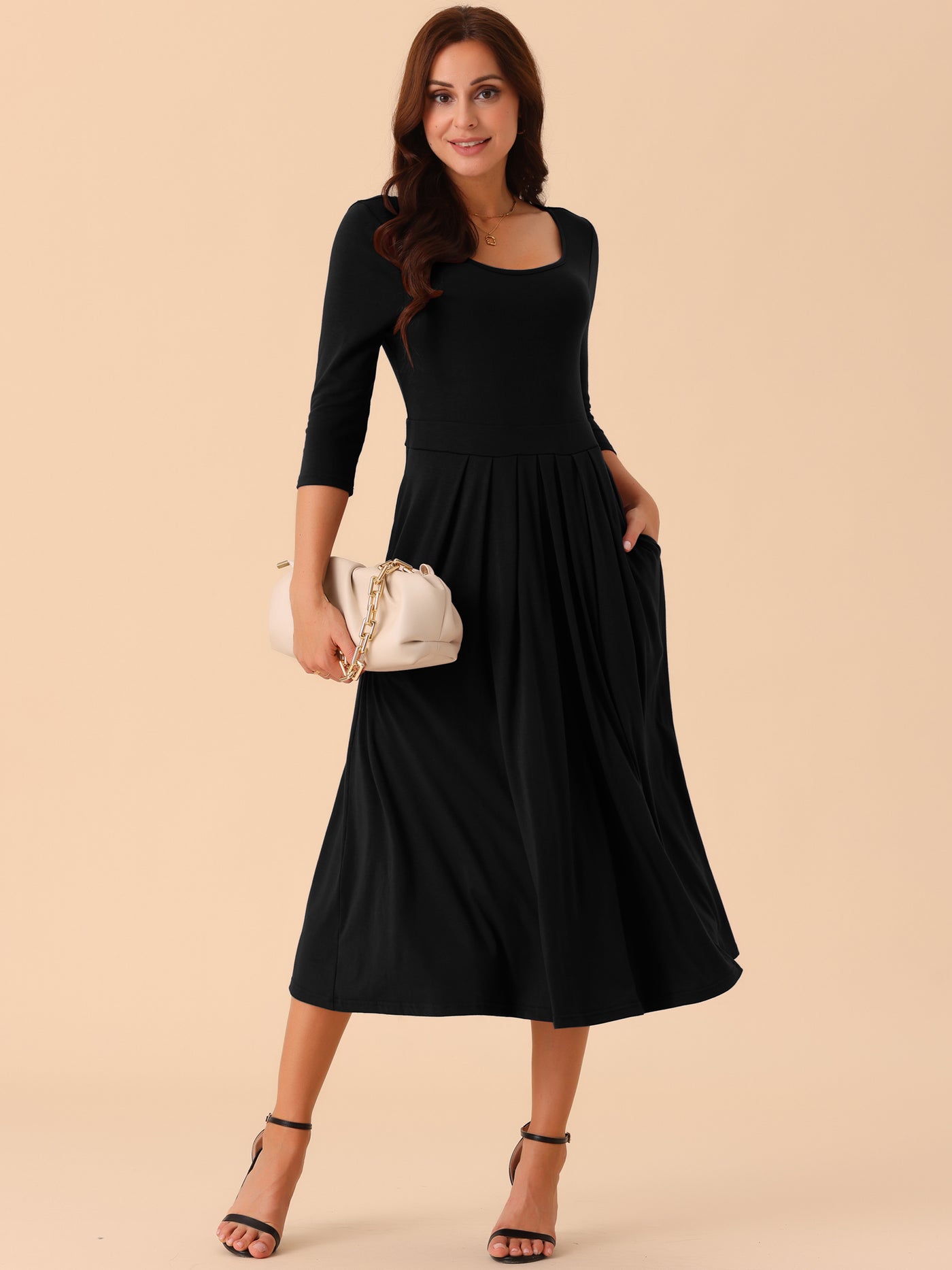 Bublédon Women's 3/4 Sleeve Crewneck Pleated a Line Dresses Swing Casual Maxi Dress with Pockets