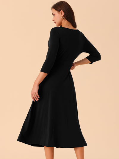 Women's 3/4 Sleeve Crewneck Pleated a Line Dresses Swing Casual Maxi Dress with Pockets