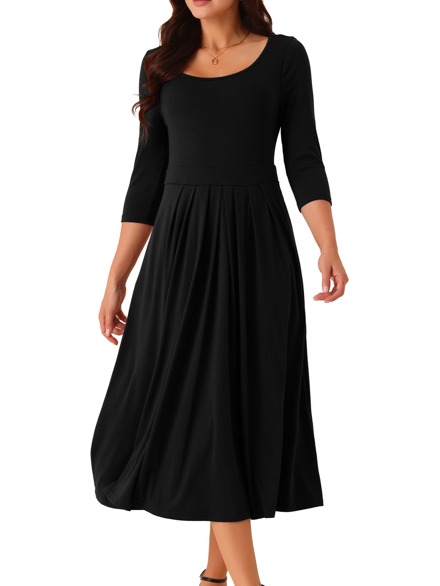 Bublédon Women's 3/4 Sleeve Crewneck Pleated a Line Dresses Swing Casual Maxi Dress with Pockets