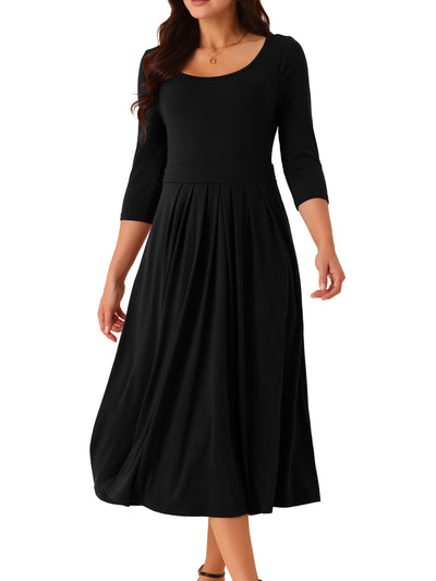 Women's 3/4 Sleeve Crewneck Pleated a Line Dresses Swing Casual Maxi Dress with Pockets