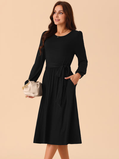 Women's Crewneck Long Sleeve Tie Waist Midi Casual Dress with Pockets