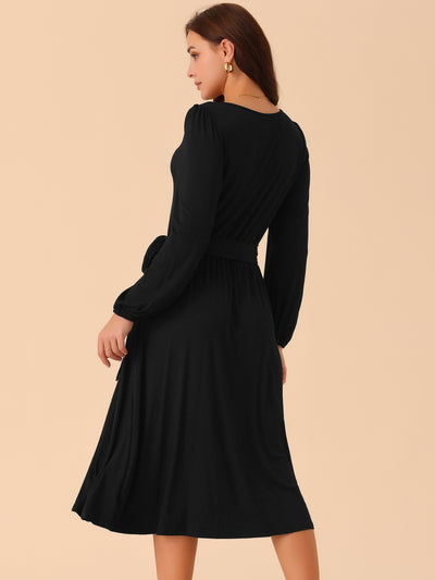 Women's Crewneck Long Sleeve Tie Waist Midi Casual Dress with Pockets