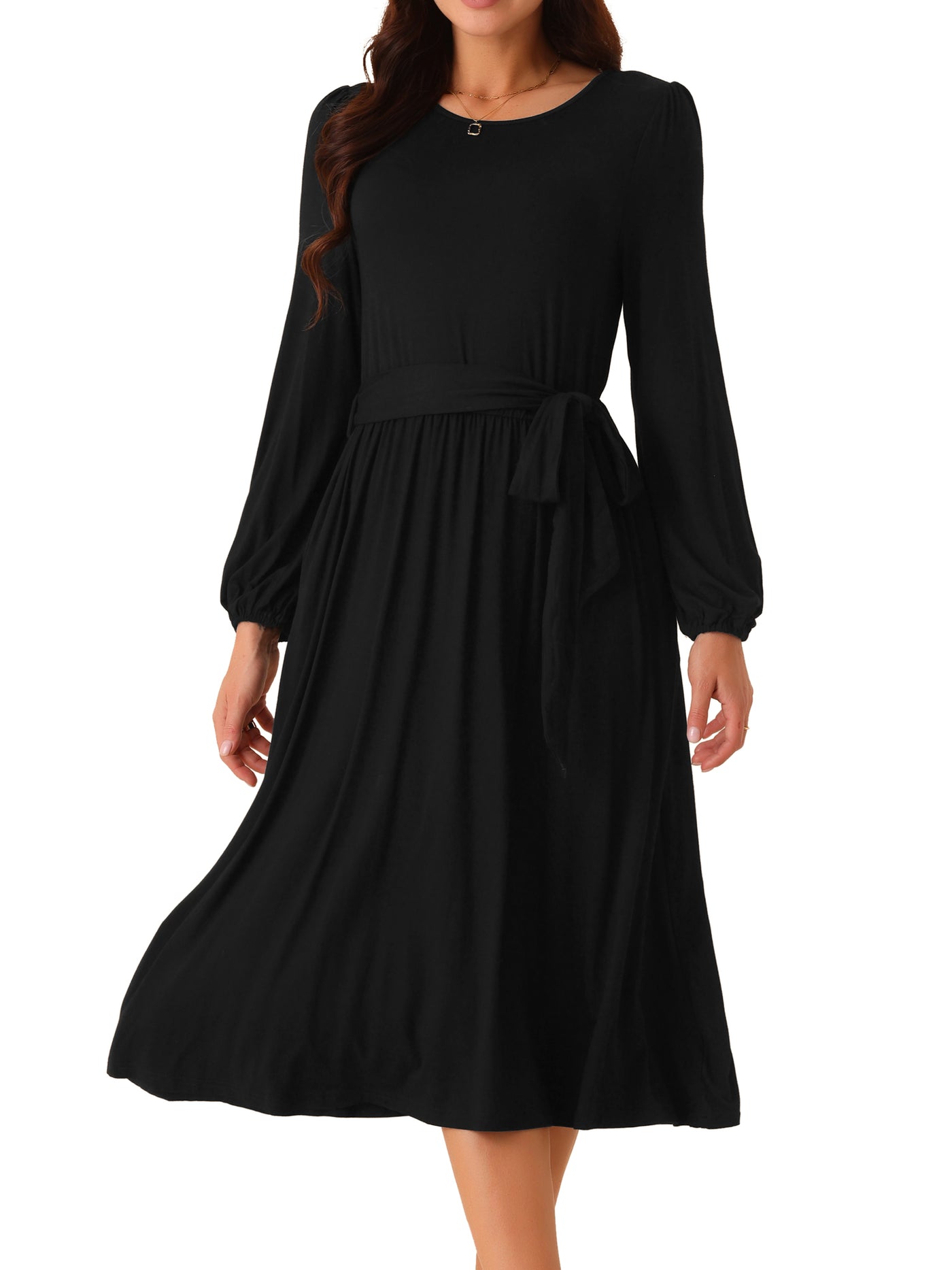 Bublédon Women's Crewneck Long Sleeve Tie Waist Midi Casual Dress with Pockets