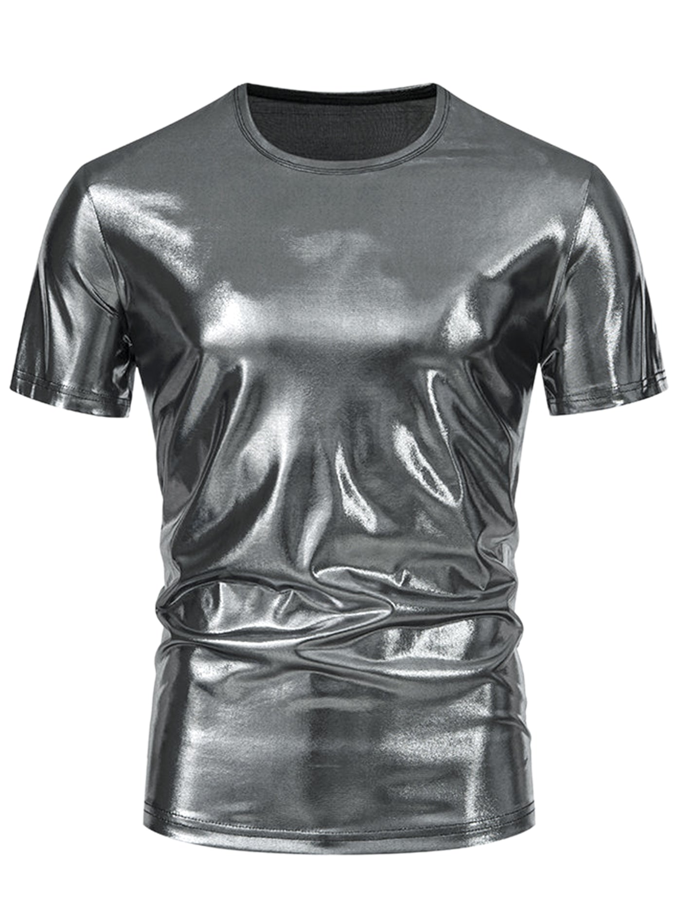 Bublédon Metallic Tee for Men's Crew Neck Short Sleeves Party Disco Shiny T-Shirt Tops