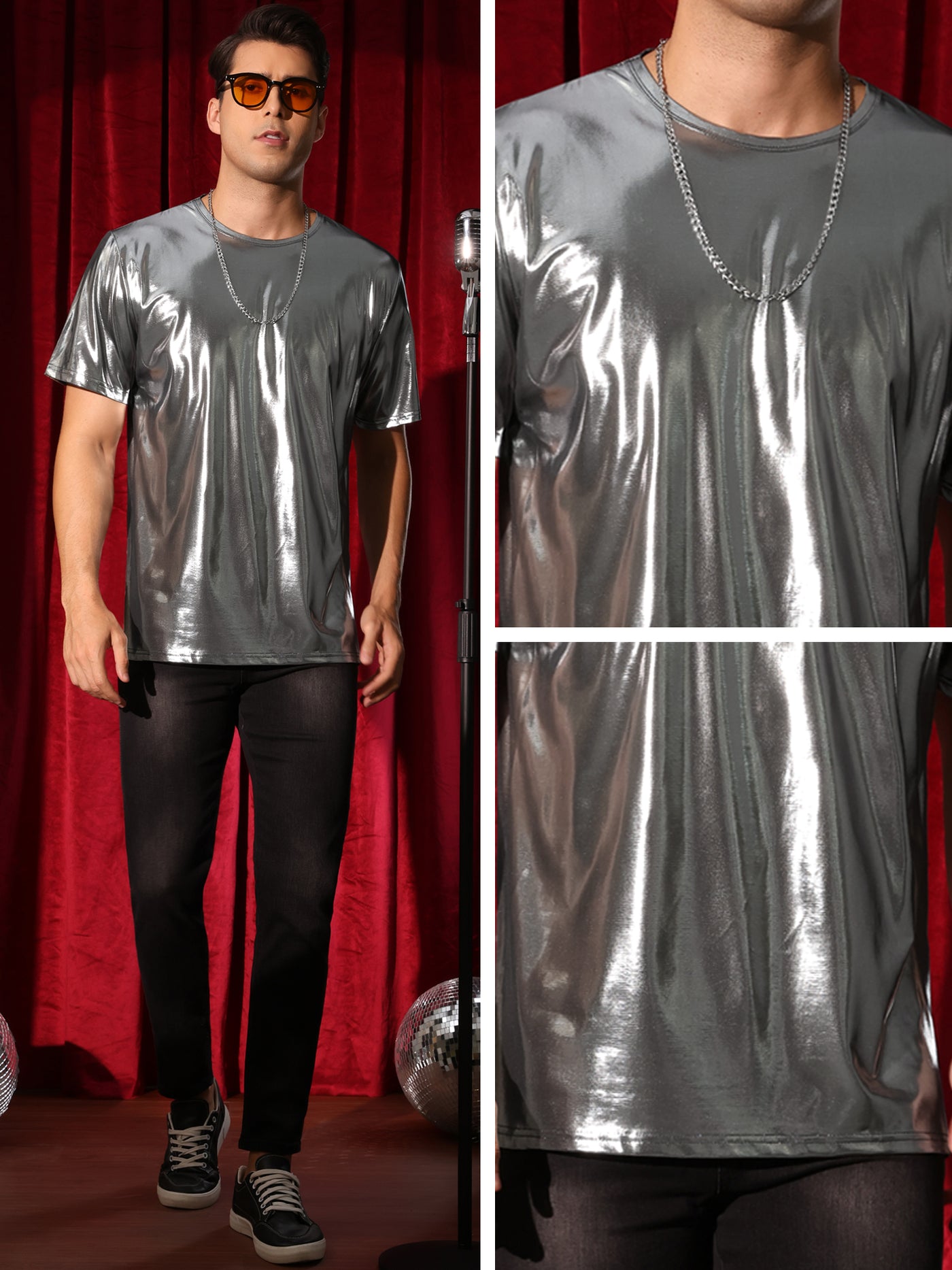 Bublédon Metallic Tee for Men's Crew Neck Short Sleeves Party Disco Shiny T-Shirt Tops