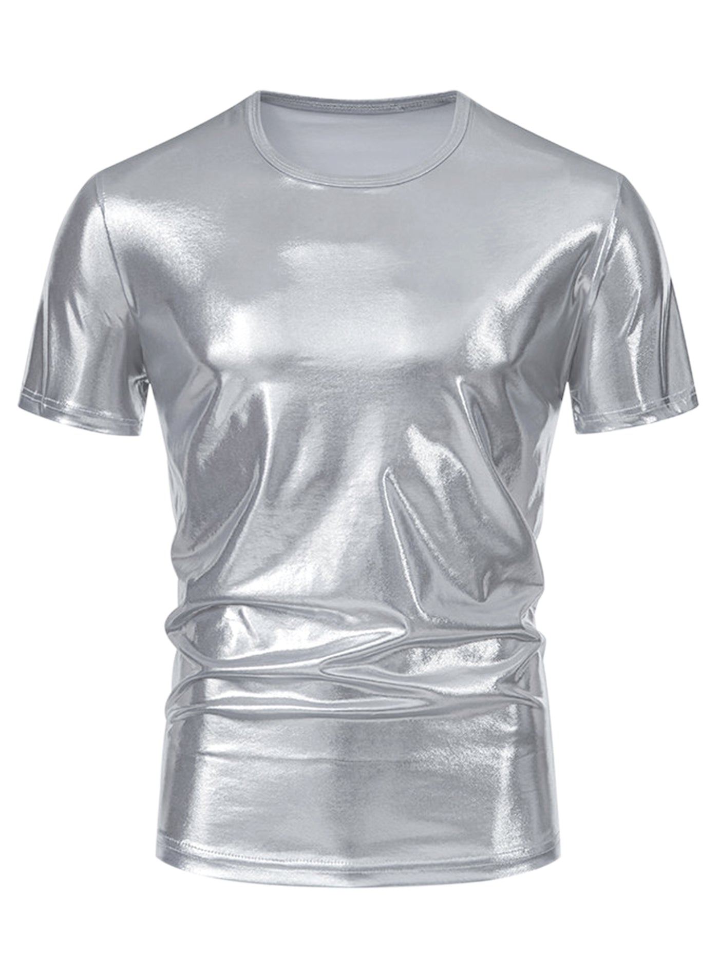 Bublédon Metallic Tee for Men's Crew Neck Short Sleeves Party Disco Shiny T-Shirt Tops