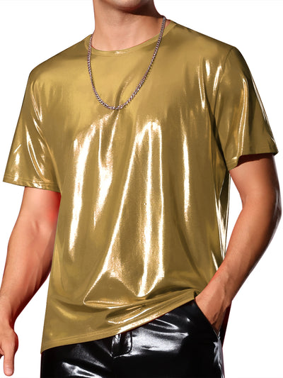 Metallic Tee for Men's Crew Neck Short Sleeves Party Disco Shiny T-Shirt Tops