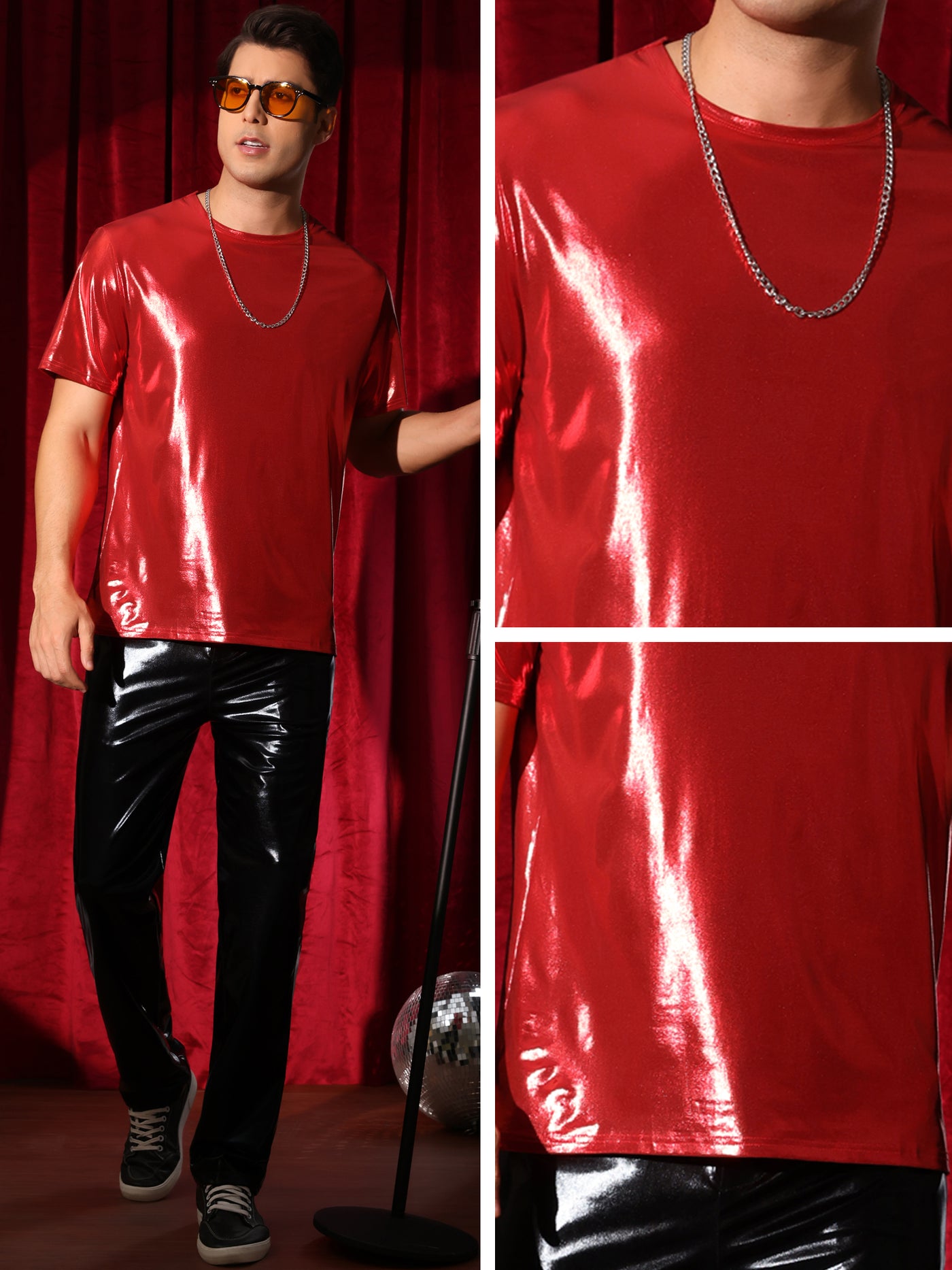 Bublédon Metallic Tee for Men's Crew Neck Short Sleeves Party Disco Shiny T-Shirt Tops