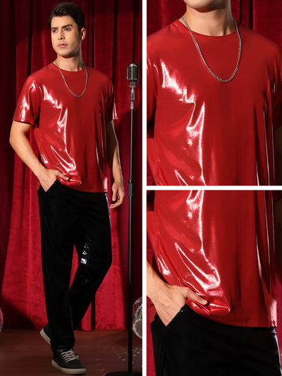 Metallic Tee for Men's Crew Neck Short Sleeves Party Disco Shiny T-Shirt Tops