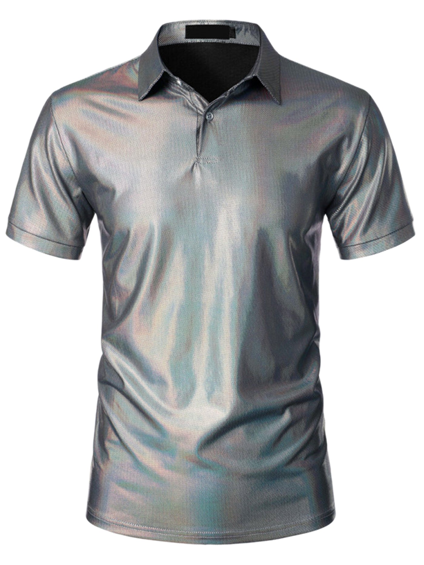 Bublédon Metallic Polo for Men's Short Sleeves Shiny Disco Nightclub Party Golf Shirt