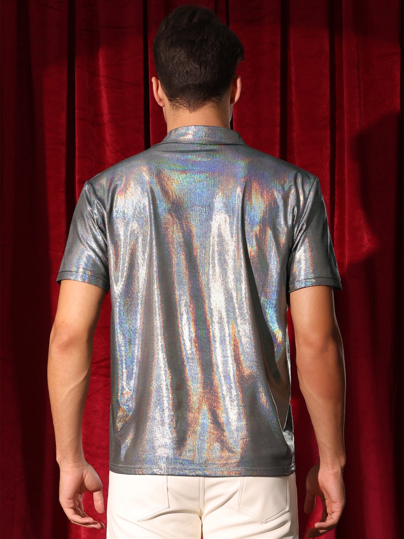 Bublédon Metallic Polo for Men's Short Sleeves Shiny Disco Nightclub Party Golf Shirt