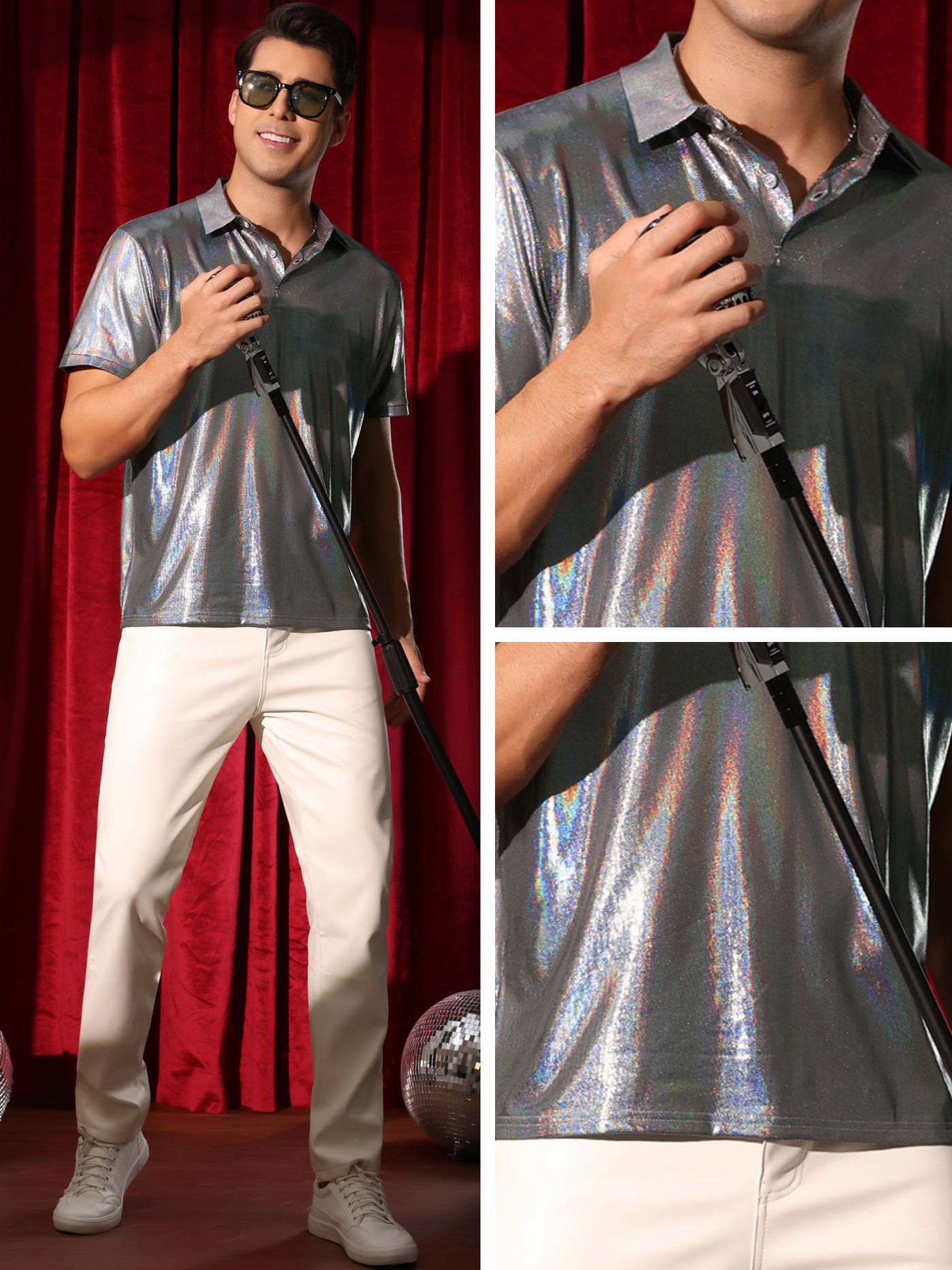 Bublédon Metallic Polo for Men's Short Sleeves Shiny Disco Nightclub Party Golf Shirt