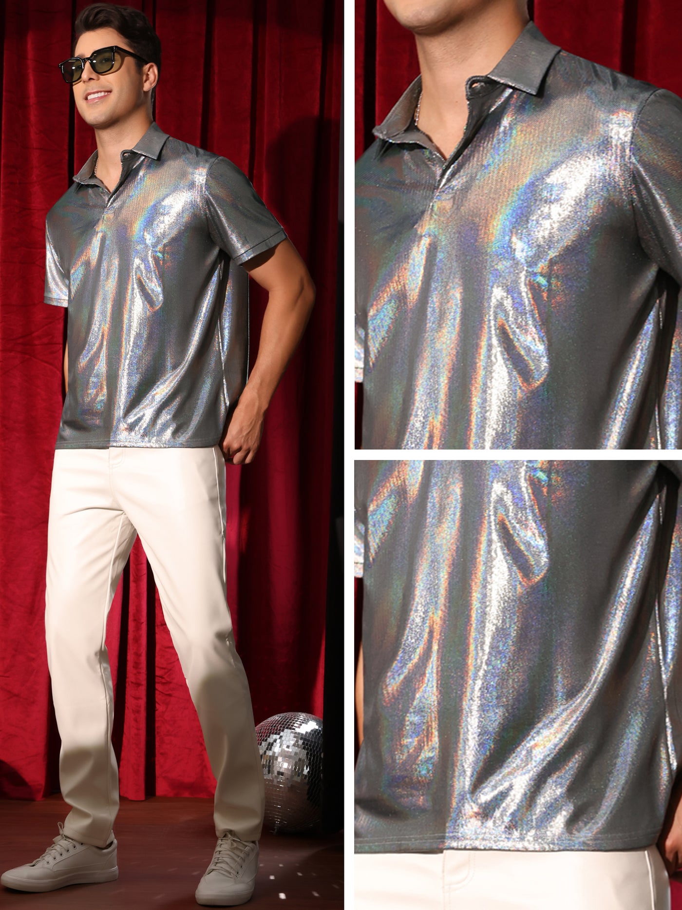 Bublédon Metallic Polo for Men's Short Sleeves Shiny Disco Nightclub Party Golf Shirt