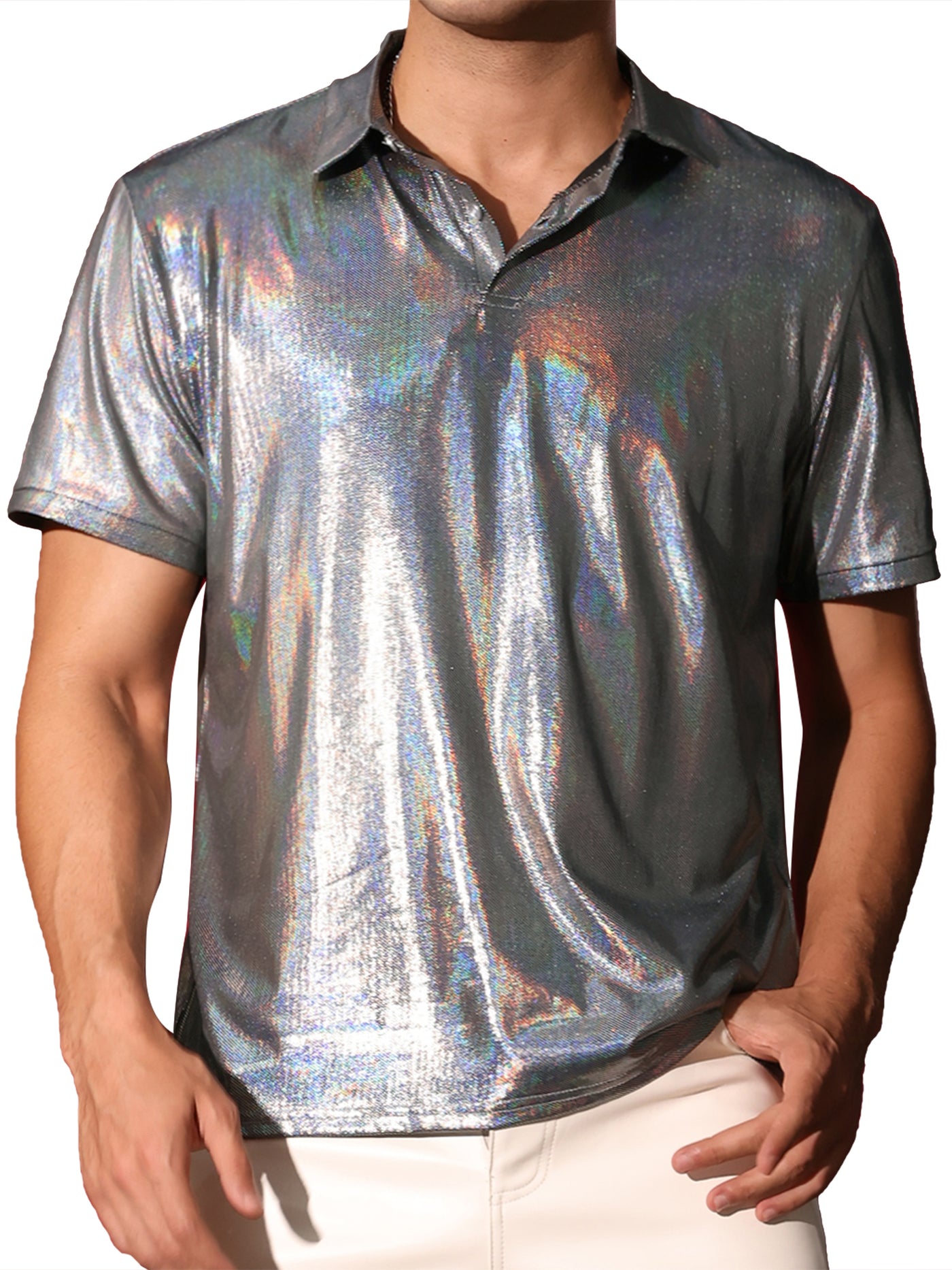 Bublédon Metallic Polo for Men's Short Sleeves Shiny Disco Nightclub Party Golf Shirt