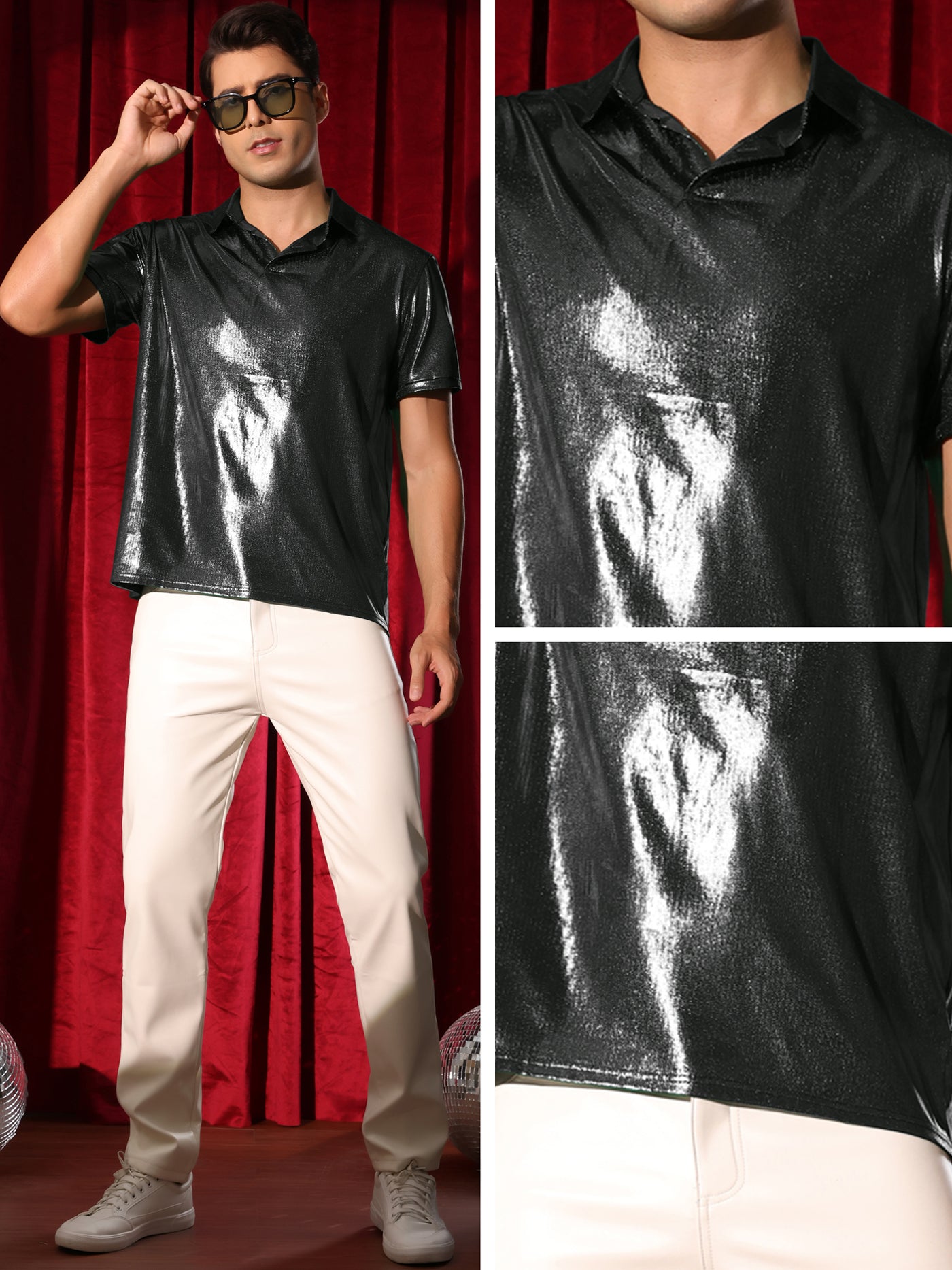 Bublédon Metallic Polo for Men's Short Sleeves Shiny Disco Nightclub Party Golf Shirt