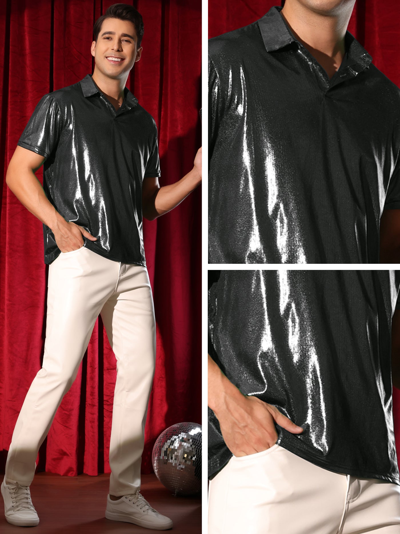 Bublédon Metallic Polo for Men's Short Sleeves Shiny Disco Nightclub Party Golf Shirt