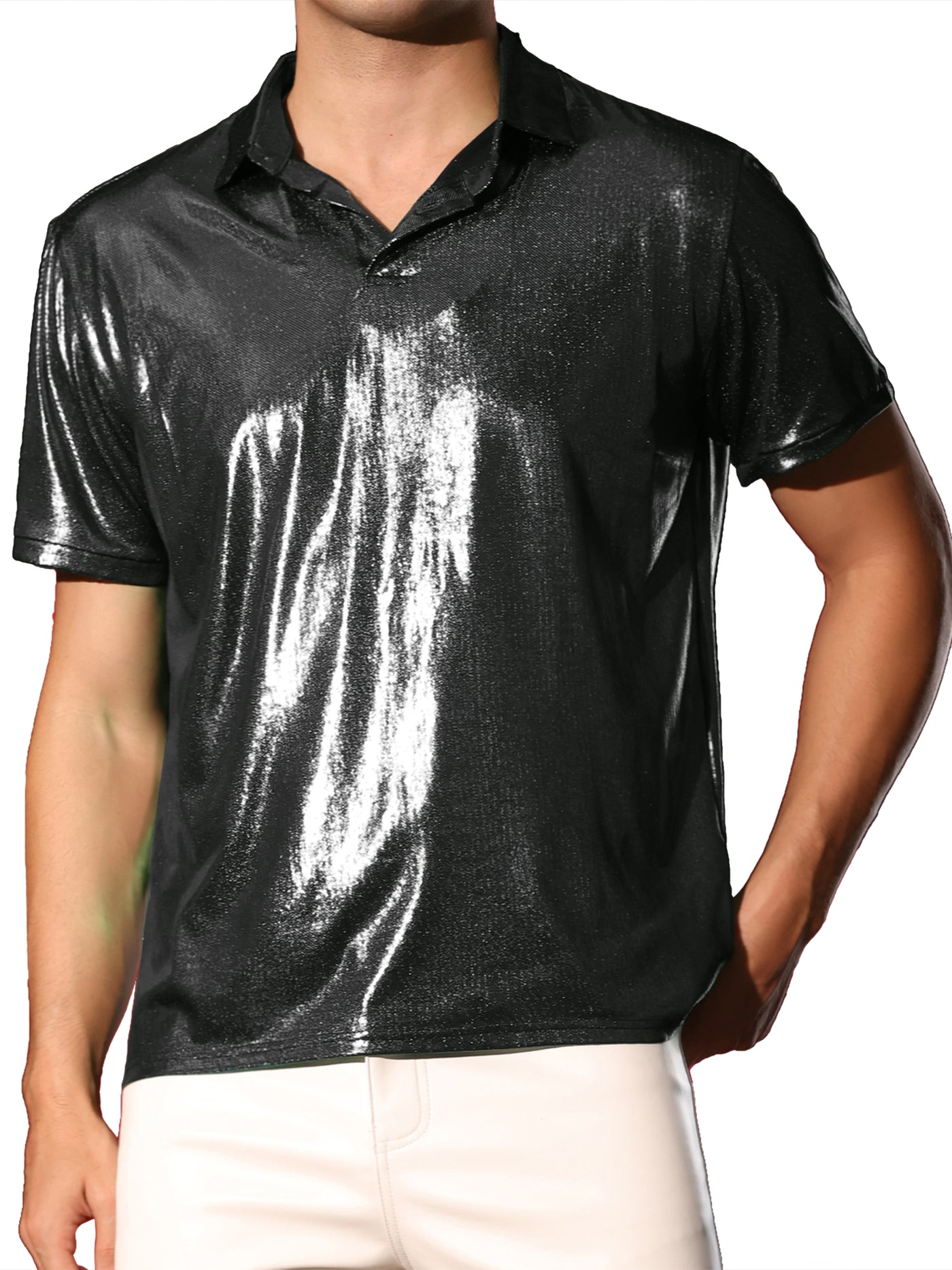 Bublédon Metallic Polo for Men's Short Sleeves Shiny Disco Nightclub Party Golf Shirt