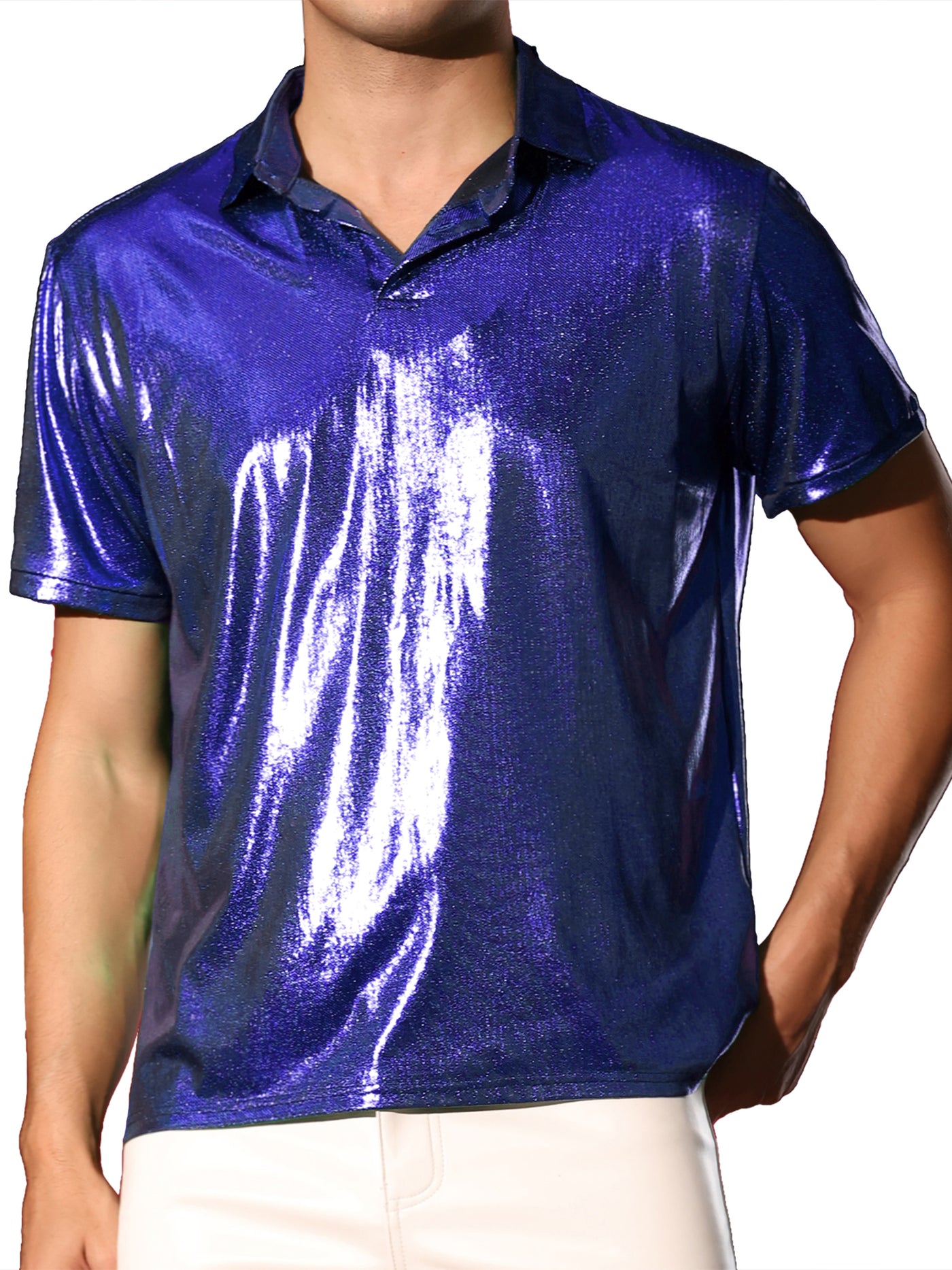 Bublédon Metallic Polo for Men's Short Sleeves Shiny Disco Nightclub Party Golf Shirt